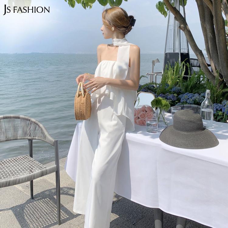 休日 セール オールインワン ベアトップ フリル ワイドパンツ サロペット パンツドレス パーティードレス 大人カジュアル 春夏 リゾート ビーチ 海 無地 白