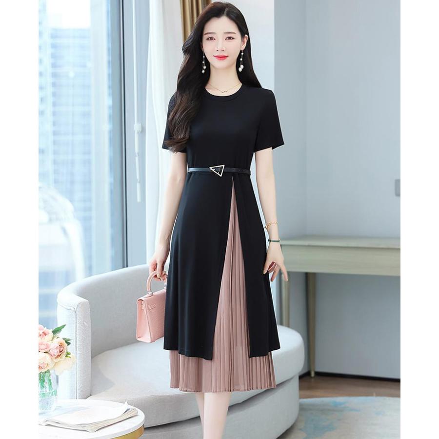 黒ワンピース前ベルト風後ろ貼りスパン ワンピース Aライン レイヤード風 ベルト付き バイカラー