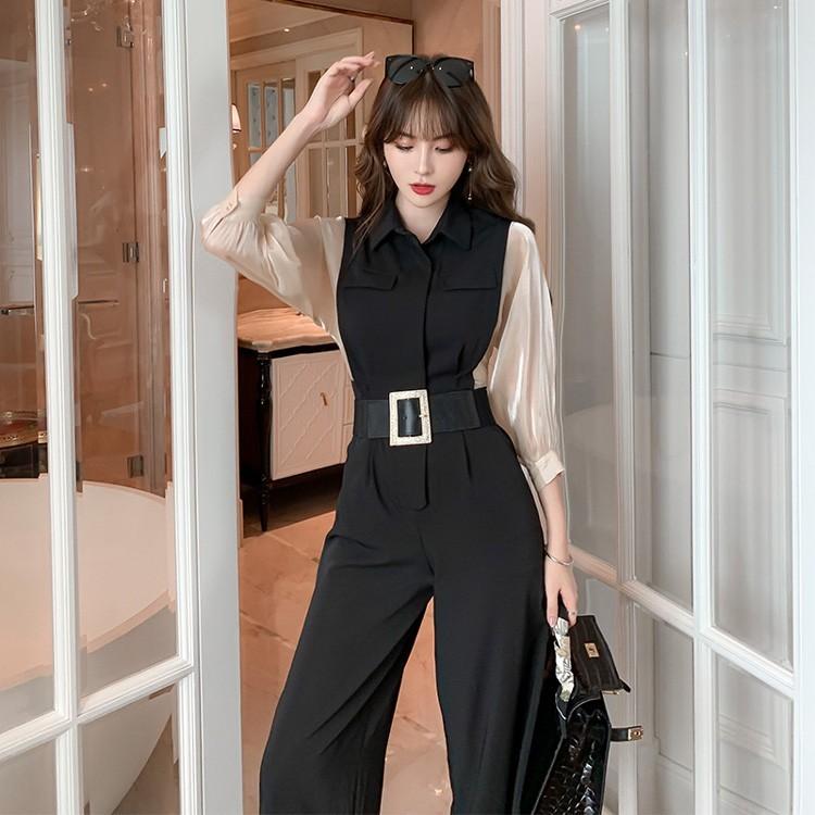 パンツドレス オーガンジー袖切替 ベルト付き オールインワン ロングパンツ ワイドパンツ 袖あり Jsファッション Jy Js Fashion 通販 Yahoo ショッピング