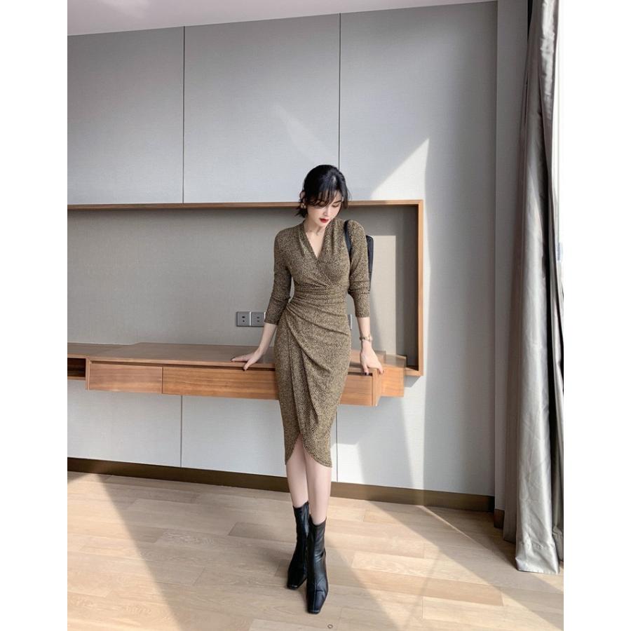 在庫処分セール ニットワンピース ラメワンピース ミディアム丈 アシンメトリー タイトワンピ 長袖 袖あり 秋冬 きれいめ 華やかおしゃれ Jy Js Fashion 通販 Yahoo ショッピング