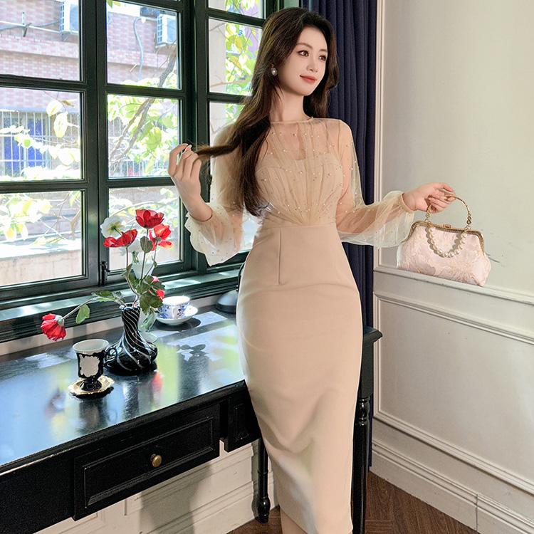 タイトワンピ 全2色 ビジュー シースルー パーティードレス 長袖