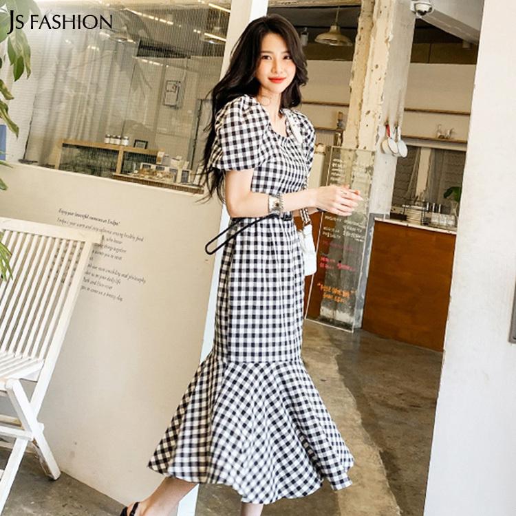 夏ワンピ ギンガムチェック ロングワンピース パフショルダー 裾フリル マーメイド 春夏 きれいめ Jsfashion Lyf Js Fashion 通販 Yahoo ショッピング