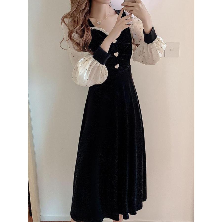 パーティードレス 黒ワンピ ベロアワンピース ロングワンピース レース  
