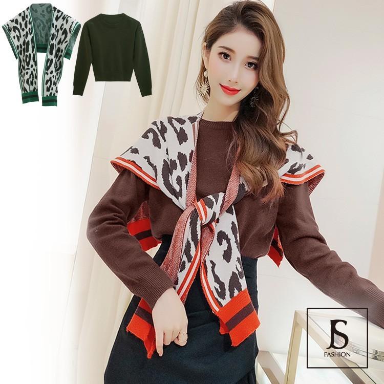 ニットトップス 全2色 ショーツ風レオパード柄肩掛けニットセット 秋冬 クルーネック 長袖 きれいめ デイリーおしゃれ Jsファッション Mj7110084 Js Fashion 通販 Yahoo ショッピング