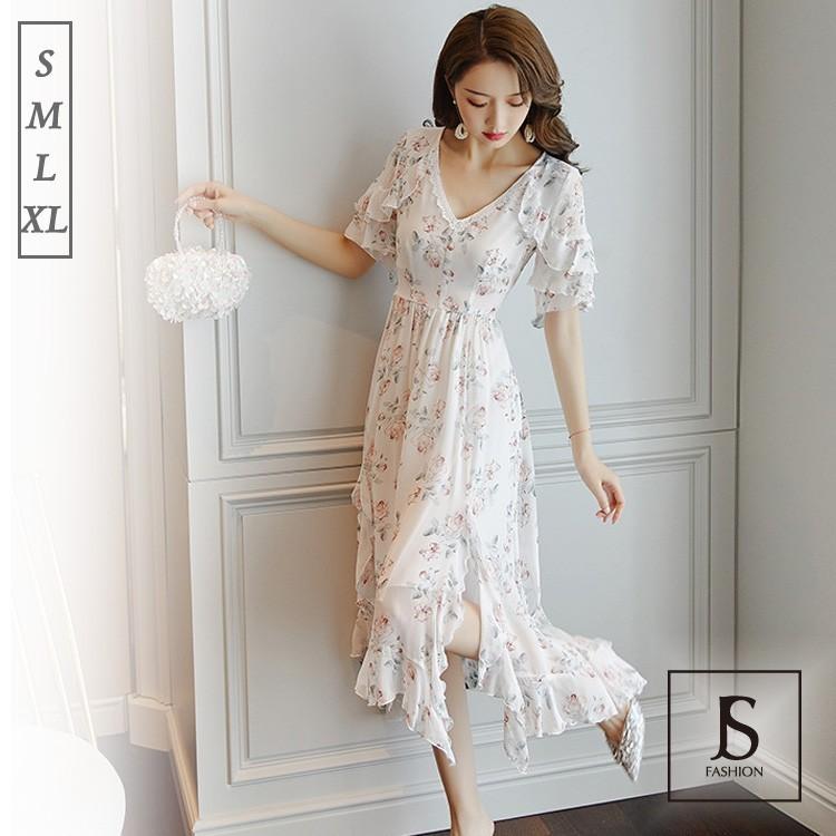 花柄ワンピース フリルロングワンピース シフォンワンピース ロング丈 半袖 春夏 パーティードレス Jsファッション Qy Js Fashion 通販 Yahoo ショッピング