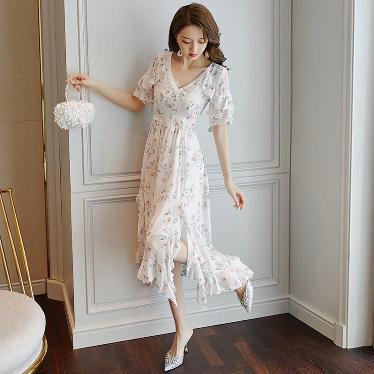 花柄ワンピース フリルロングワンピース シフォンワンピース ロング丈 半袖 春夏 パーティードレス Jsファッション Qy Js Fashion 通販 Yahoo ショッピング