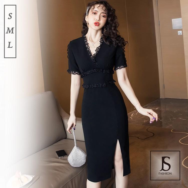 パーティードレス レースフリル ブラックワンピース ミディアム丈 膝丈 半袖 カシュクール タイトライン きれいめ 華やかおしゃれ 大人セクシー Jsファッション Wm Js Fashion 通販 Yahoo ショッピング