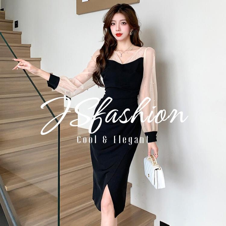 JSfashionワンピース パール付き シースルー パーティードレス JSfashionワンピース パール付き シースルー パーティードレス