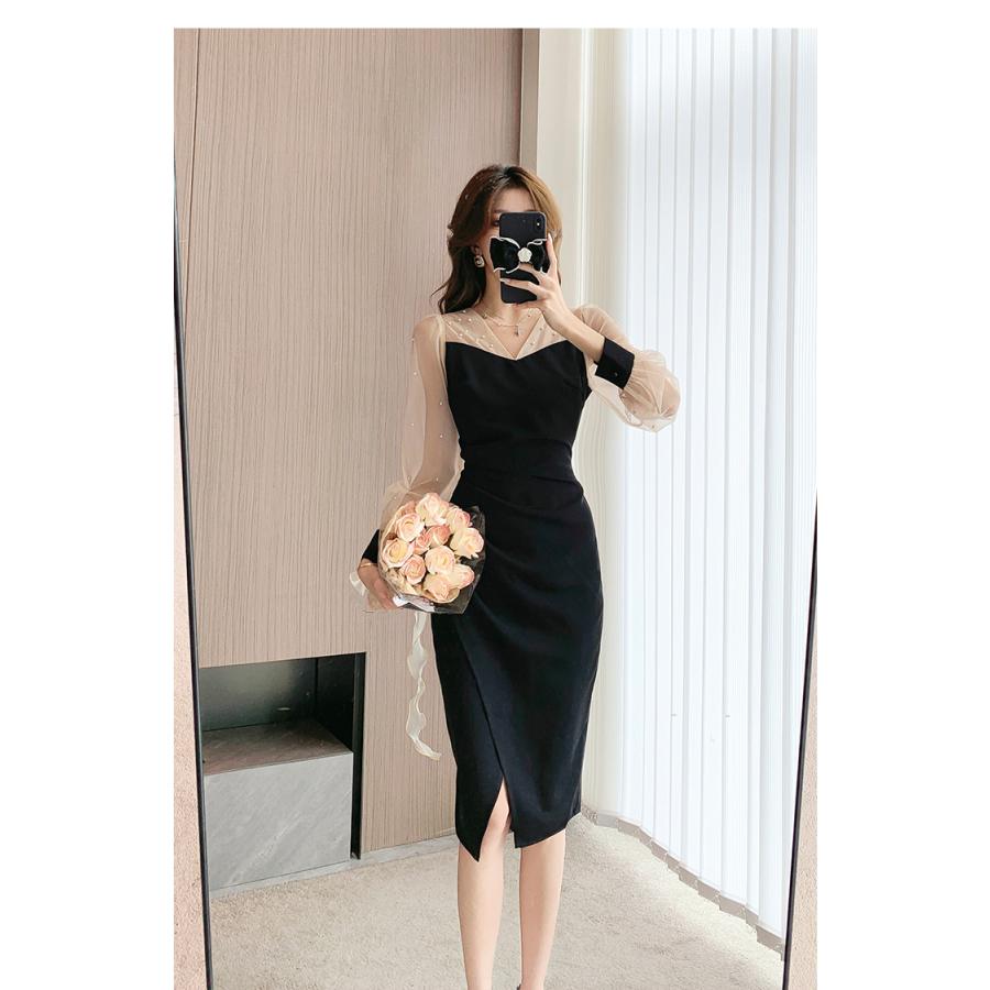 JSfashionワンピース パール付き シースルー パーティードレス JSfashionワンピース パール付き シースルー パーティードレス