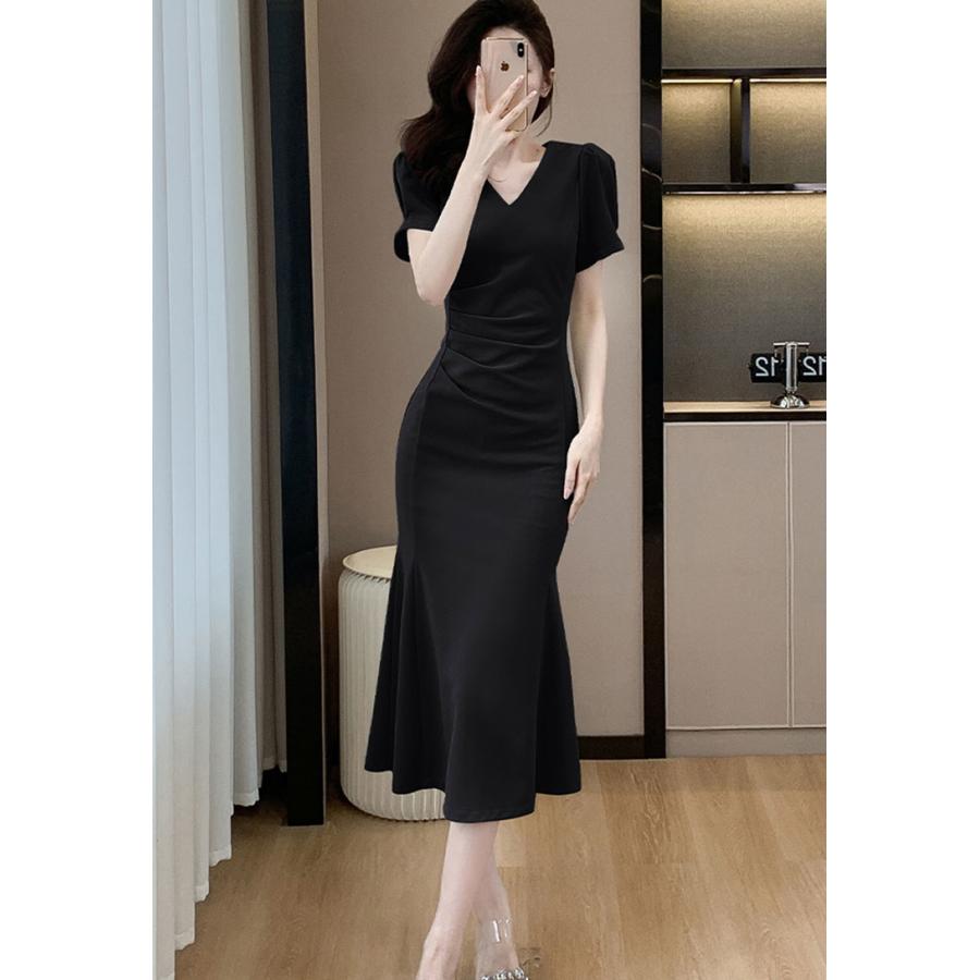 マーメイドワンピース 全2色 パーティードレス パフスリーブ V