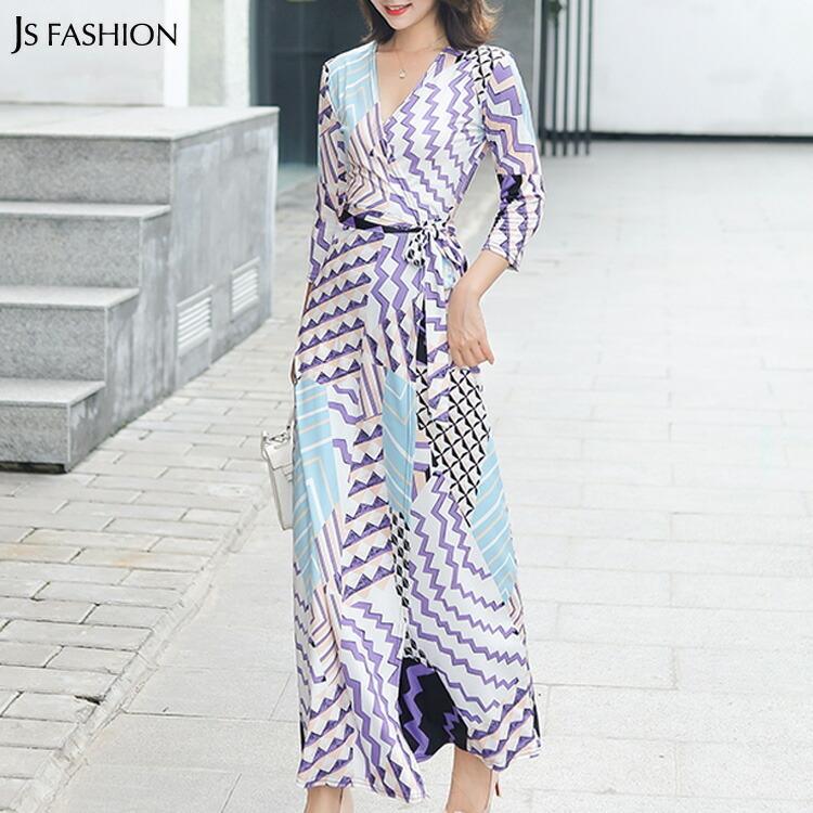 カシュクールワンピース 総柄 柄プリント ロングワンピース ロング丈 マキシ丈 袖あり マキシ きれいめ リゾートワンピ 細見え 華やか セクシー Jsファッション Ygl Js Fashion 通販 Yahoo ショッピング