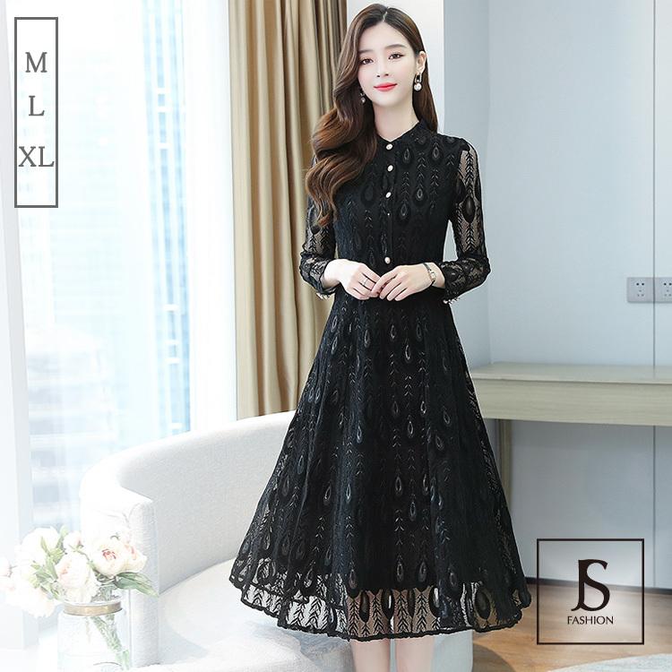 パーティードレス パールボタン レースワンピース Aライン 前開 ベロア  