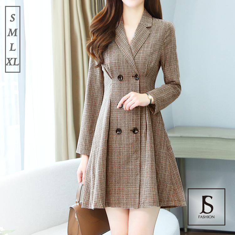 Aラインワンピース ダブルボタン チェック柄ワンピース アウターにもなる 通勤ワンピース オフィスカジュアル 可愛い 長袖 Ypy Js Fashion 通販 Yahoo ショッピング