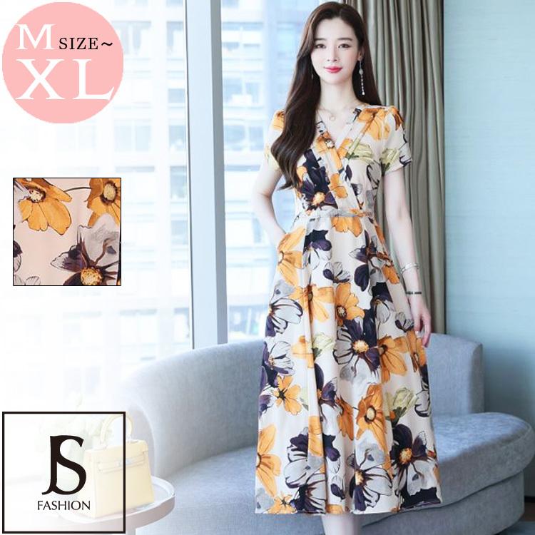 花柄 ワンピース Aワンピース ロングワンピース 半袖 ミモレ丈 ロング丈 夏ワンピース きれいめ Vネック 体型カバー 大きいサイズ 大人可愛い  :ypy8310001:JS FASHION - 通販 - Yahoo!ショッピング
