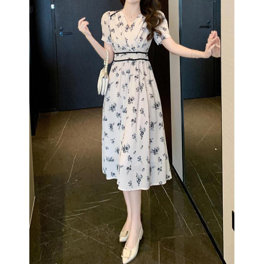 花柄 ワンピース シフォン ウエストマーク Aライン ロングワンピ 花柄 ワンピース シフォン ウエストマーク Aライン ロングワンピ