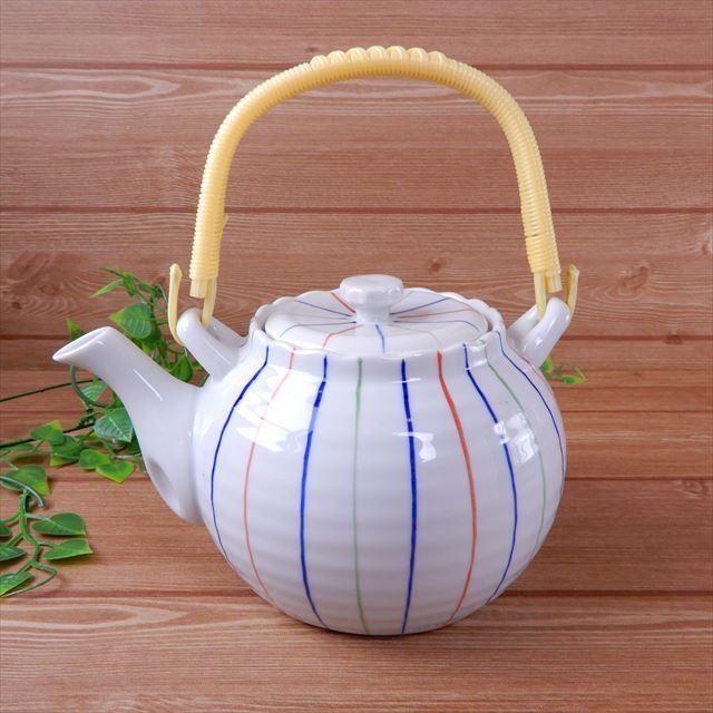 土瓶 6号 1070cc 三色ライン 十草 急須 茶こし付 業務用 陶器 食器