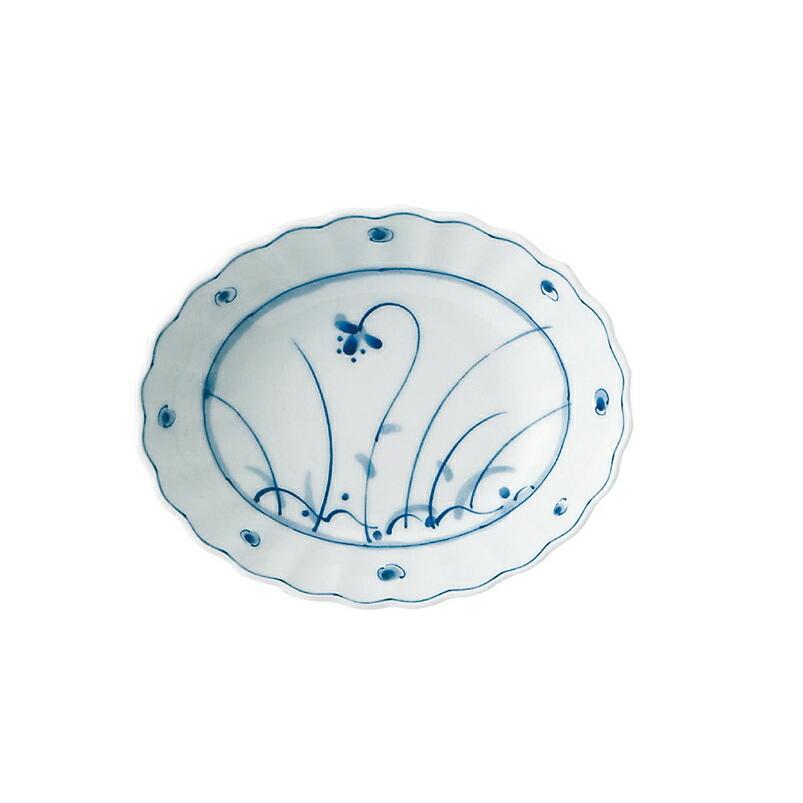 藍凛堂 高麗草花 楕円菊鉢 17×14×4.5cm 美濃焼 国産 日本製 染め付け