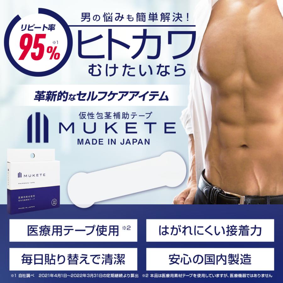 (定期) 包茎 独自設計 補助テープ MUKETE PREMIUM WIDE＋ ムケテ プレミアム ワイド 仮性包茎 ほうけい 皮剥き 医療テープ 包皮 簡単 男性 メンズ 1箱 20枚入 | 日本サプリメントフーズ | 02