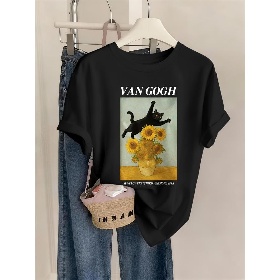 ゴッホひまわり黒猫アレンジ名画半袖 Tシャツ 黒綿 100% 男女兼用