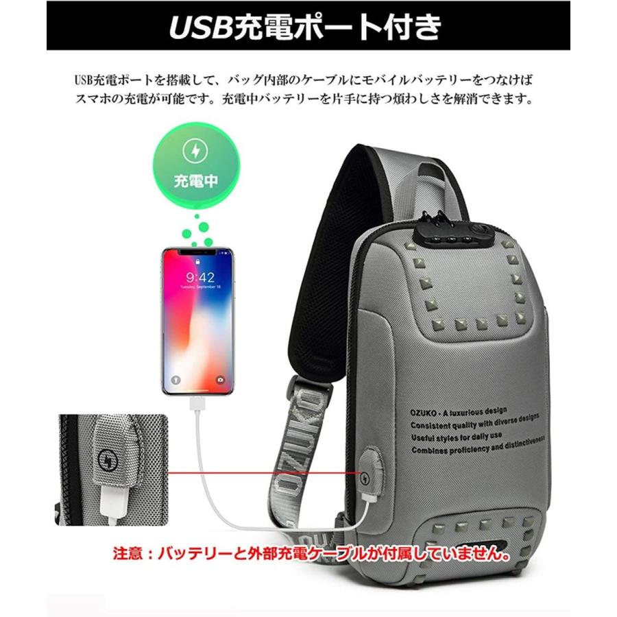 UMEX ボディバッグ ワンショルダー メンズ 防犯 USBポート 撥水 斜めがけ iPad収納可能 バッグ グレー｜jtosstore｜06