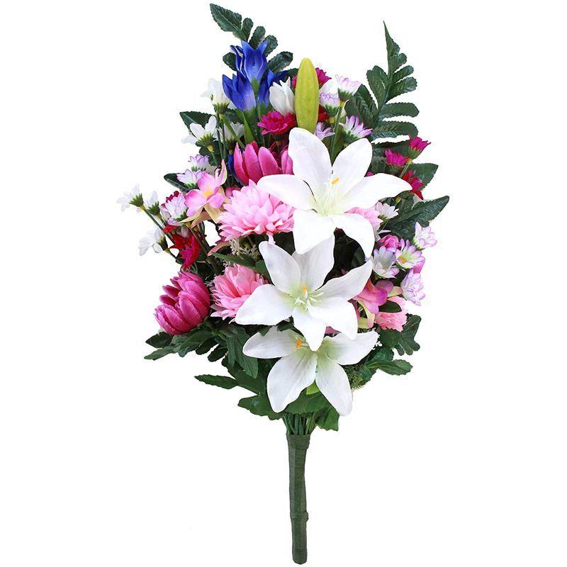 山久 造花 仏様のお供えに ユリ と りんどう と 小菊 の花束 一本 仏花 1007 6675 S Ct触媒加工 シルクフラワー 一本 花束 アレンジメント Www Geminicorp Be