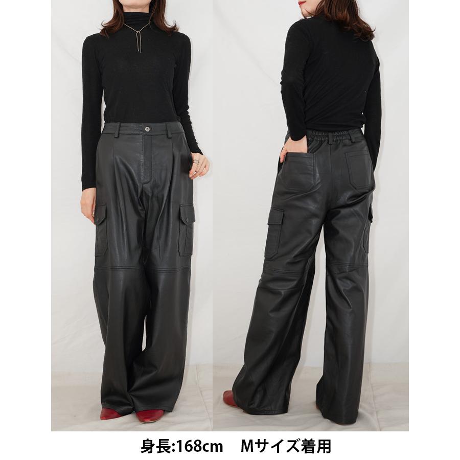 レザーパンツ ボトムス カーゴパンツ ワークパンツ  革パンツ レディース  ワイド ストレート ミリタリー 本革 ラムレザー ブラック L1111 |  | 16