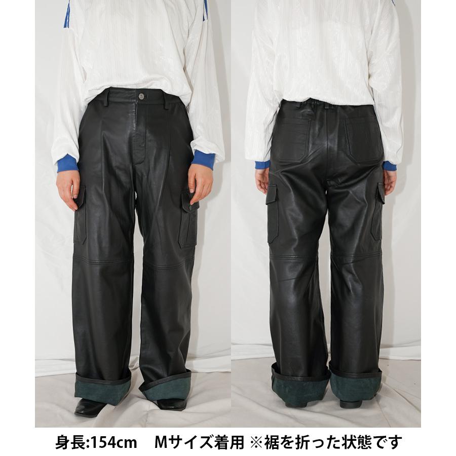 レザーパンツ ボトムス カーゴパンツ ワークパンツ  革パンツ レディース  ワイド ストレート ミリタリー 本革 ラムレザー ブラック L1111 |  | 19