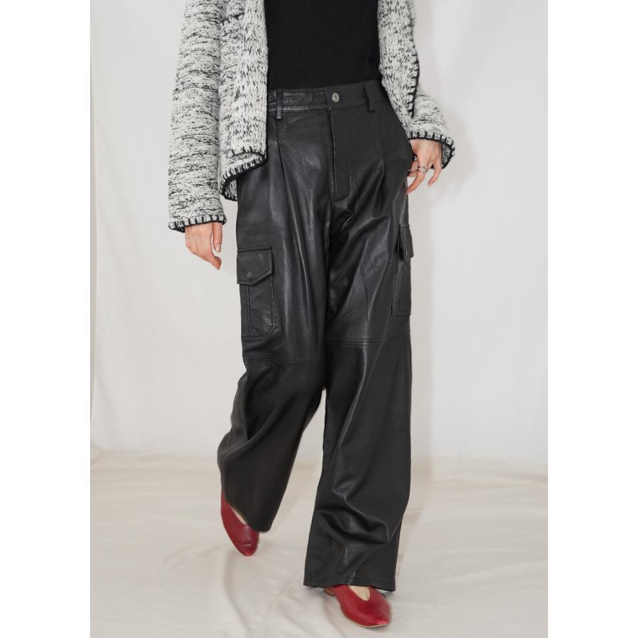 レザーパンツ ボトムス カーゴパンツ ワークパンツ  革パンツ レディース  ワイド ストレート ミリタリー 本革 ラムレザー ブラック L1111 |  | 01