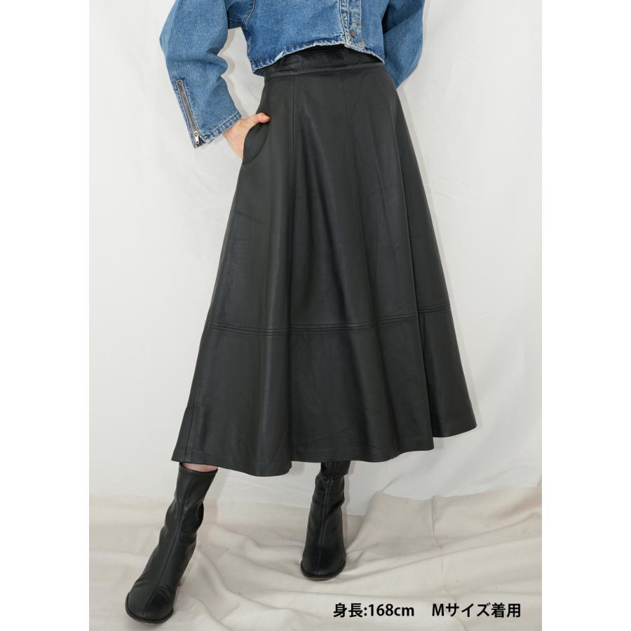 レザースカート ボトムス フレアスカート ロングスカート 革スカート レディース  本革 ラムレザー ブラック L1130 |  | 02
