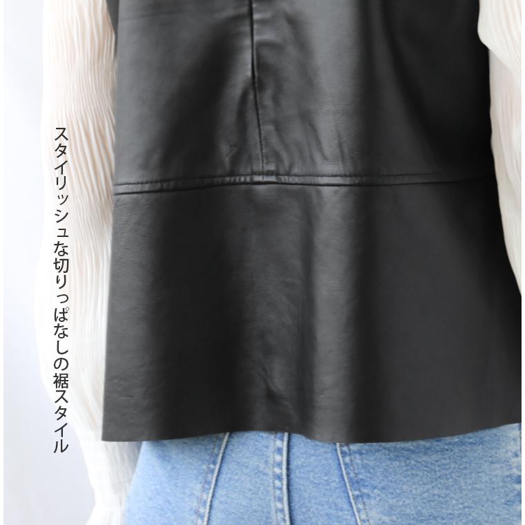 レザーベスト トップス レディース ハイネック 本革 ラムレザー
