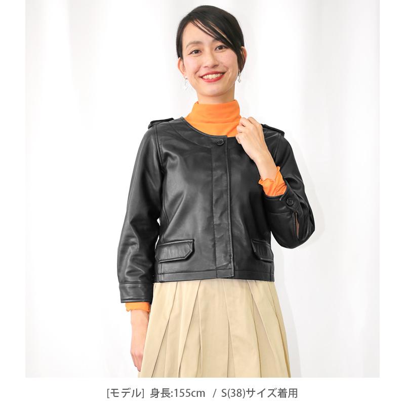 レザージャケット  ノーカラー 七分袖 革ジャン レディース 秋 本革 羊革 ラムレザー L1031 |  | 03