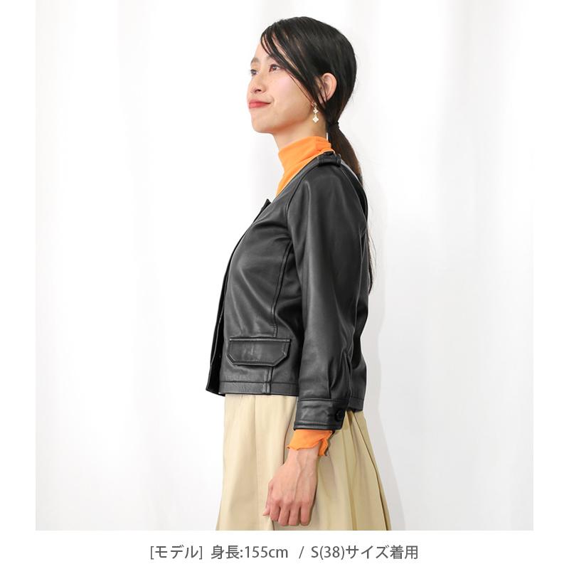 本革　リアルレザー　ヤギ革　ノーカラーレザージャケット レザージャケット ノーカラー 七分袖 革ジャン レディース 秋 本革 羊
