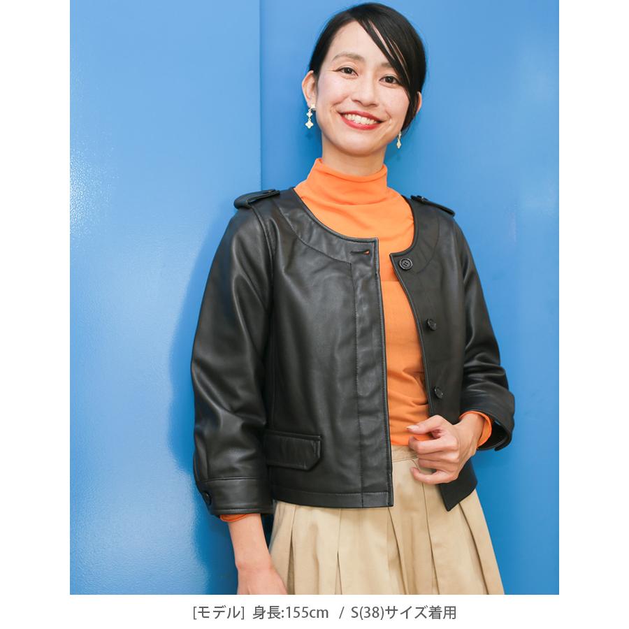 レザージャケット ノーカラー 七分袖 革ジャン レディース 秋 本革 羊