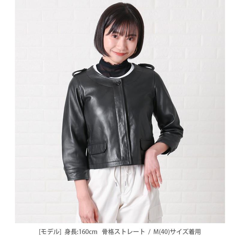 レザージャケット  ノーカラー 七分袖 革ジャン レディース 秋 本革 羊革 ラムレザー L1031 |  | 07