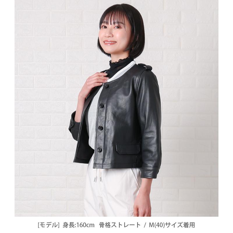 レザージャケット ノーカラー 七分袖 革ジャン レディース 秋 本革 羊
