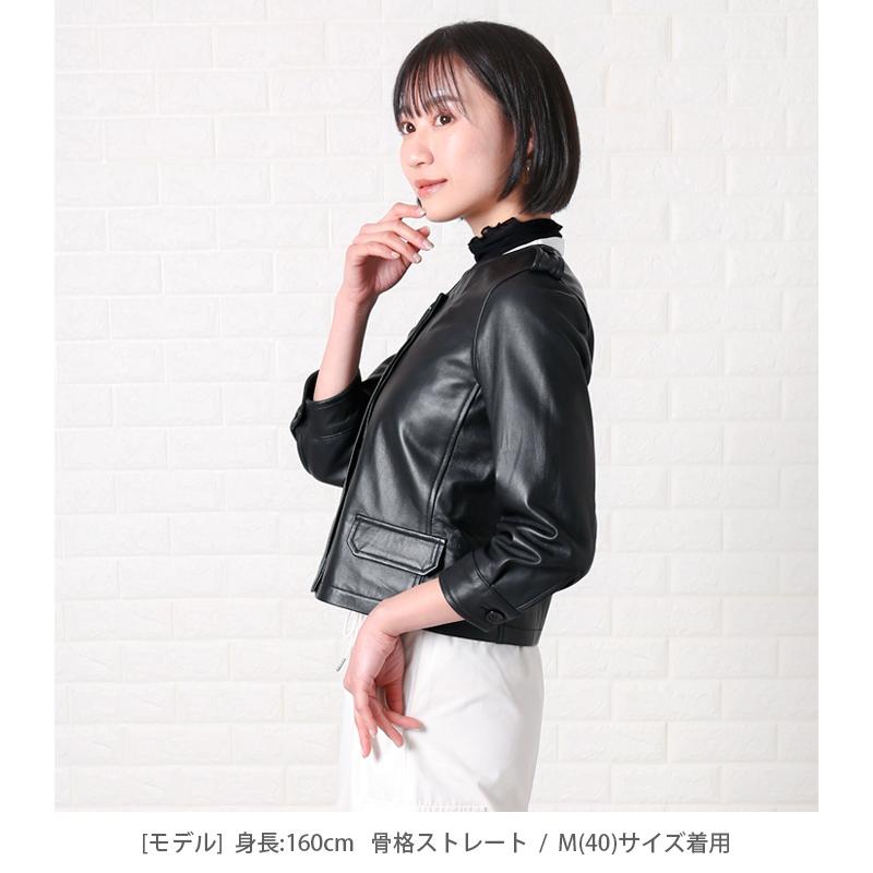 レザージャケット  ノーカラー 七分袖 革ジャン レディース 秋 本革 羊革 ラムレザー L1031 |  | 09