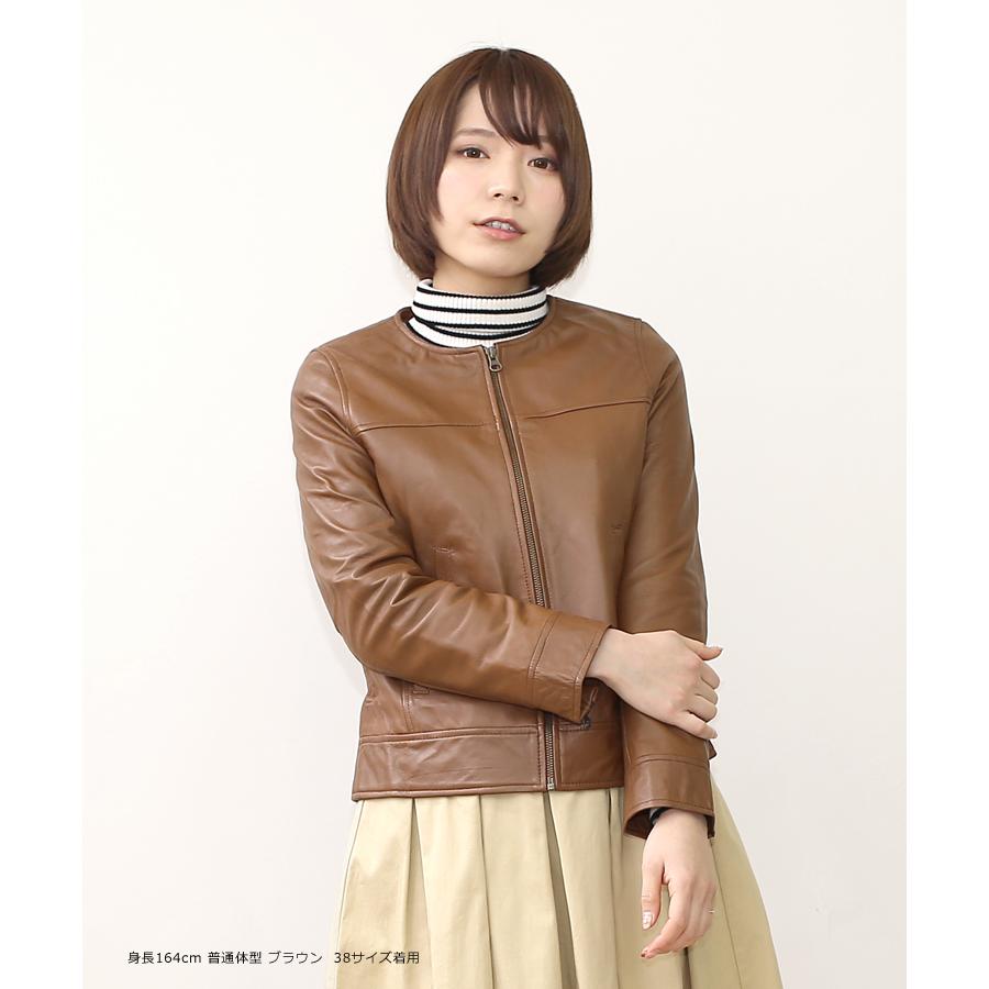 本革 レザージャケット レディース ノーカラー グレイッシュホワイト グレージュ ブラウン ネイビー チャコール ブラック 襟なし 革ジャン ラムレザー L175 N175blk 神戸パティーナ 通販 Yahoo ショッピング