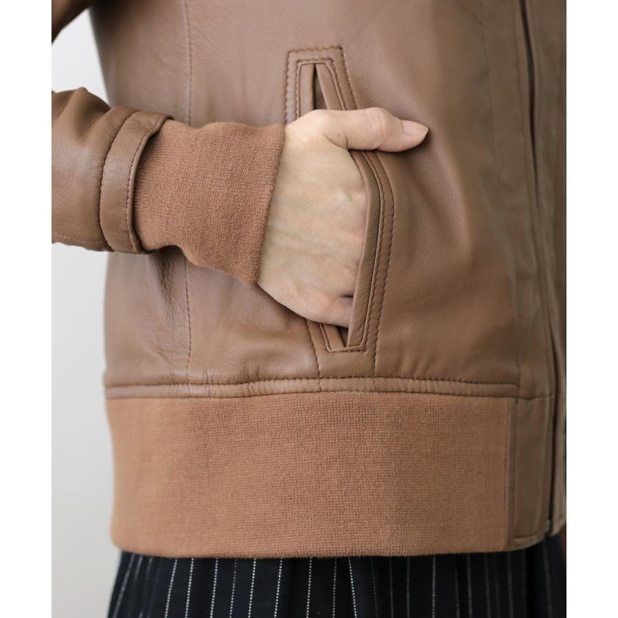 本革 リブ ノーカラー レザージャケット レディース ラムレザー 革