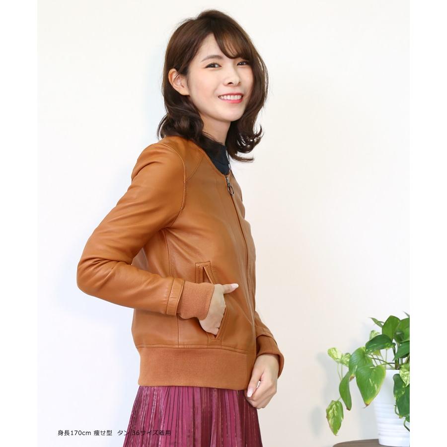 本革 リブ ノーカラー レザージャケット レディース ラムレザー 革