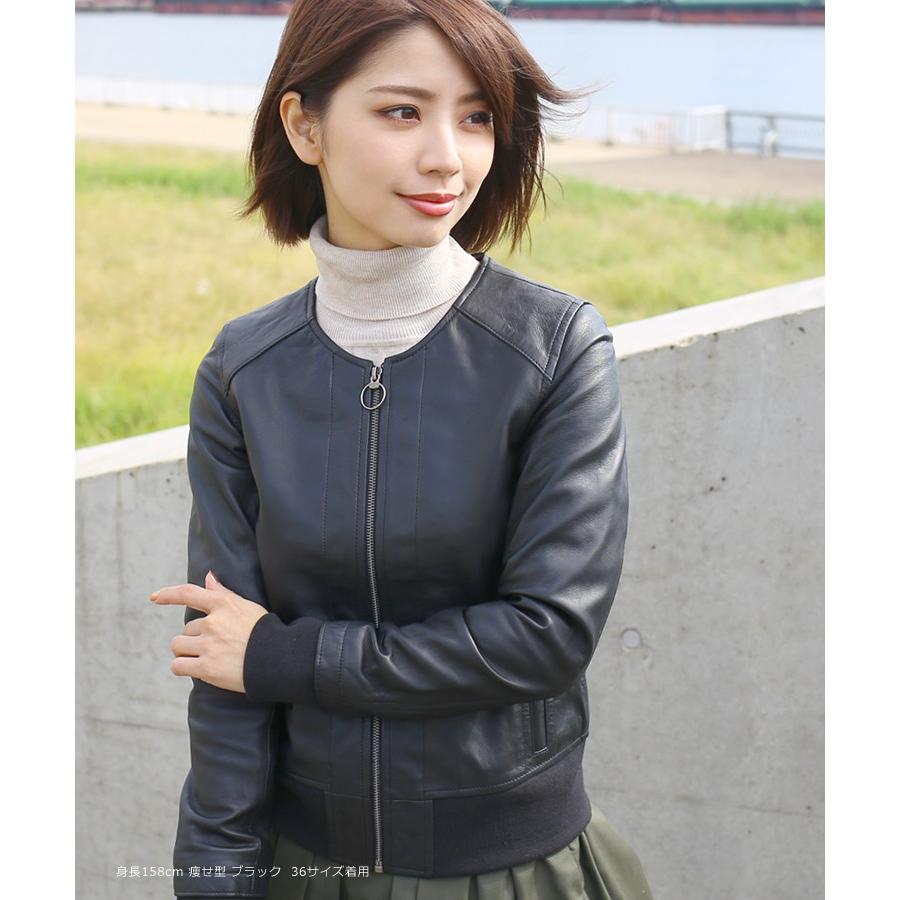 本革 リブ ノーカラー レザージャケット レディース ラムレザー 革