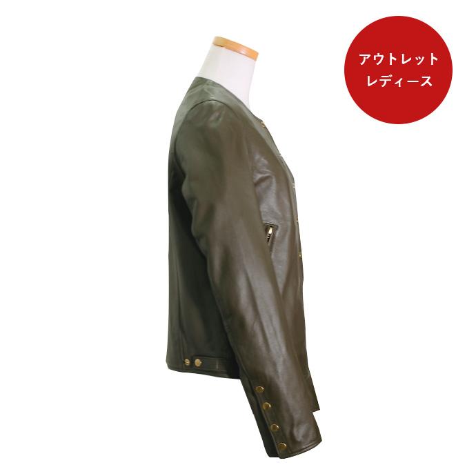 本革 ノーカラージャケット レディース Sサイズ オリーブ アウトレット 訳あり 返品交換不可 OL20 |  | 02
