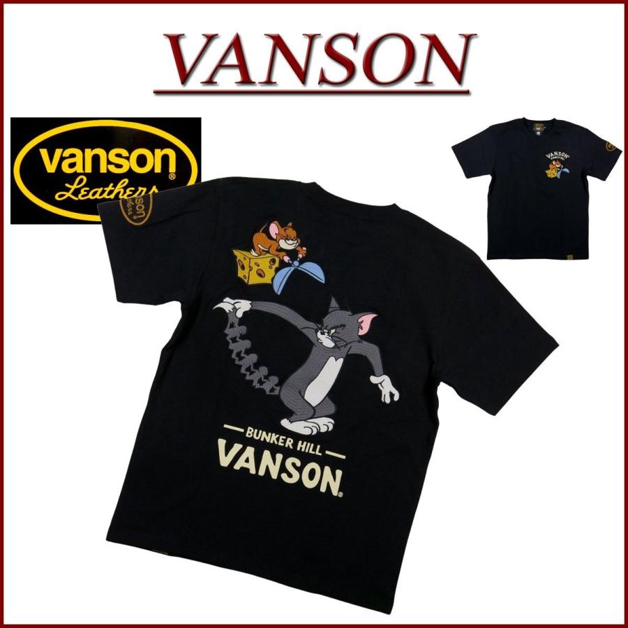 VANSON トムとジェリー 刺繍 Tシャツ ブラック VANSON（バンソン） × TOM & JERRY × トムとジェリー コラボ刺繍