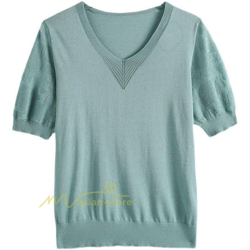 最旬ダウン サマーニット レディース 半袖 Vネック カラー きれいめ トップス Tシャツ 母親 代30代40代50代 ママ 上品 エレガント 着痩せ ファッション カジュアル Aynaelda Com