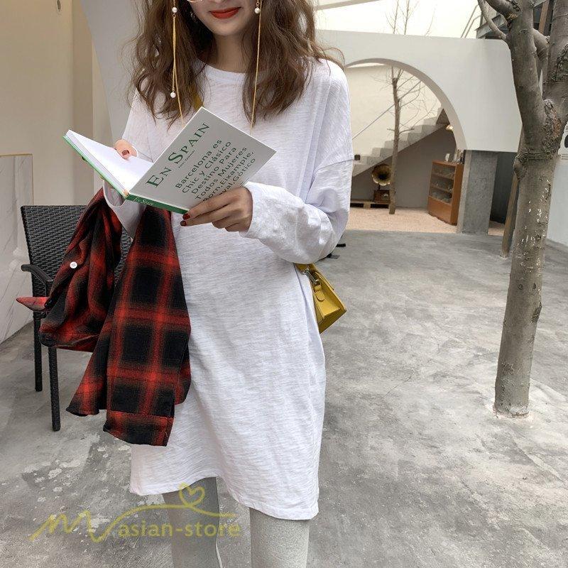 ロングtシャツ レディース 韓国風 Tシャツ カットソー サマーtシャツ カジュアルtシャツ 着痩せ 長袖 春 夏 秋 大きいサイズ コットン ワイド Tシャツ 格安