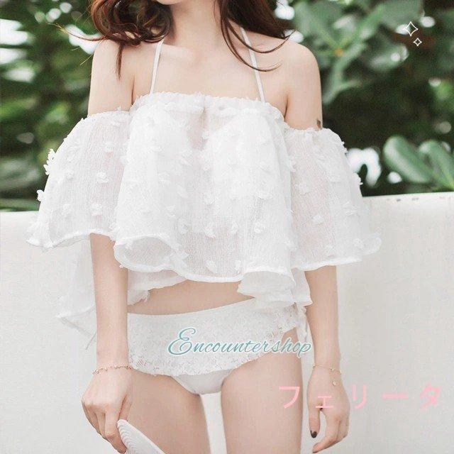 L 水着 フリル 白 ホワイト フェミニン 可愛い 華やか お姫様 レース New限定品
