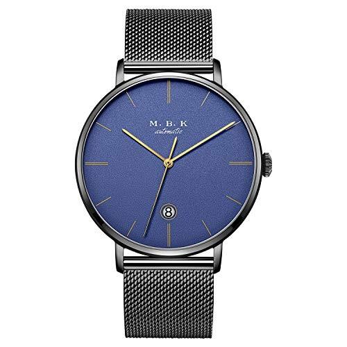 MBK Mens Automatic Fashion Wrist Watches Date Analog with Stainless Steel Band (Blue - Black)