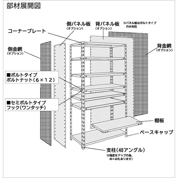 スチールラック 高さ150 幅87.5 奥行30cm 8段 単体 EK軽量120kg/段(アングルセミボルト) アイボリー/グレー (31kg)の画像