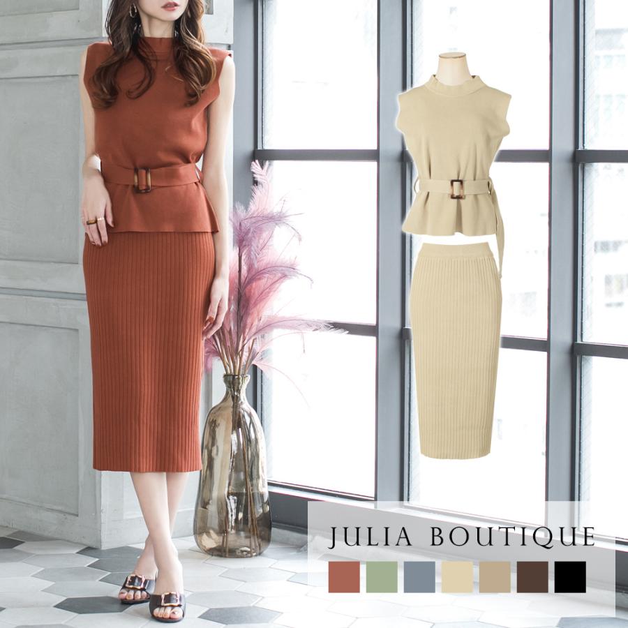 タイトスカート 夏 セットアップ レディース ウエストマーク ベルト付き トップス ノースリーブ タイト ニットスカート Julia Boutique 通販 Yahoo ショッピング