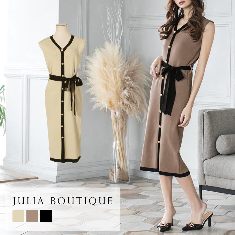 ニットワンピース 夏 レディース パイピング パイピングワンピース ロング タイトワンピース ウエストリボン ノースリーブ Julia Boutique 通販 Yahoo ショッピング