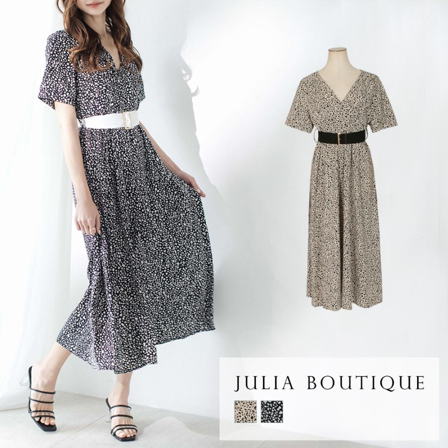 ワンピース 半袖 ダルメシアン柄 アニマル柄 総柄 バイカラー 配色 ウエストベルト ウエストマーク ベルトセット デザインワンピース Julia Boutique 通販 Yahoo ショッピング